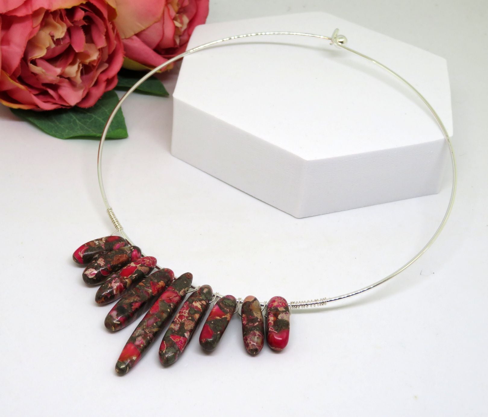 Bohemian Red Green Earth Tones Wire Wrapped Silver Choker Necklace