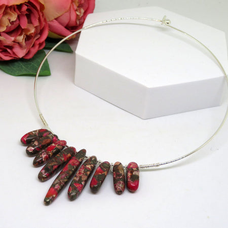 Bohemian Red Green Earth Tones Wire Wrapped Silver Choker Necklace