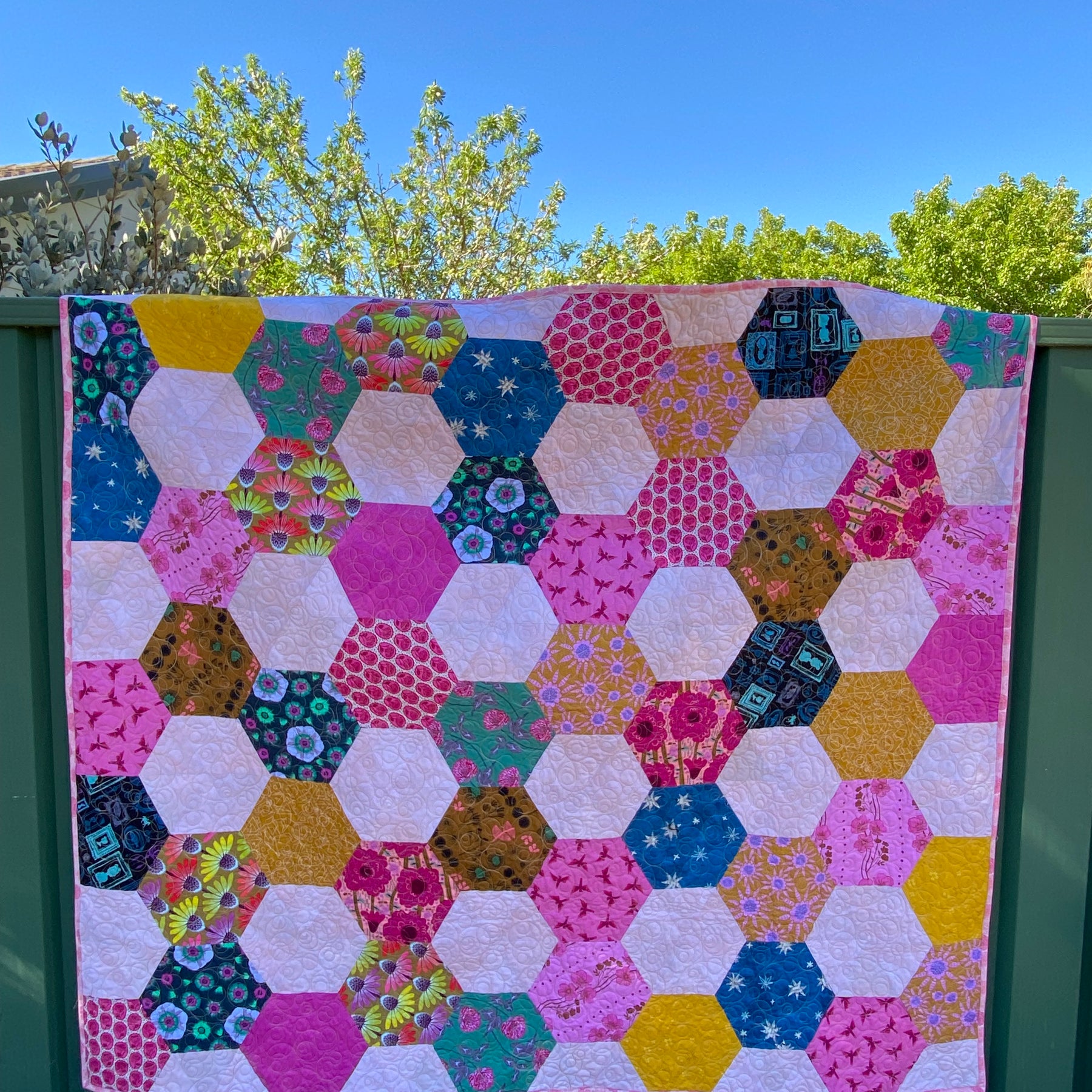 Hexagon Modern Quilt -  Pink Brights and friends