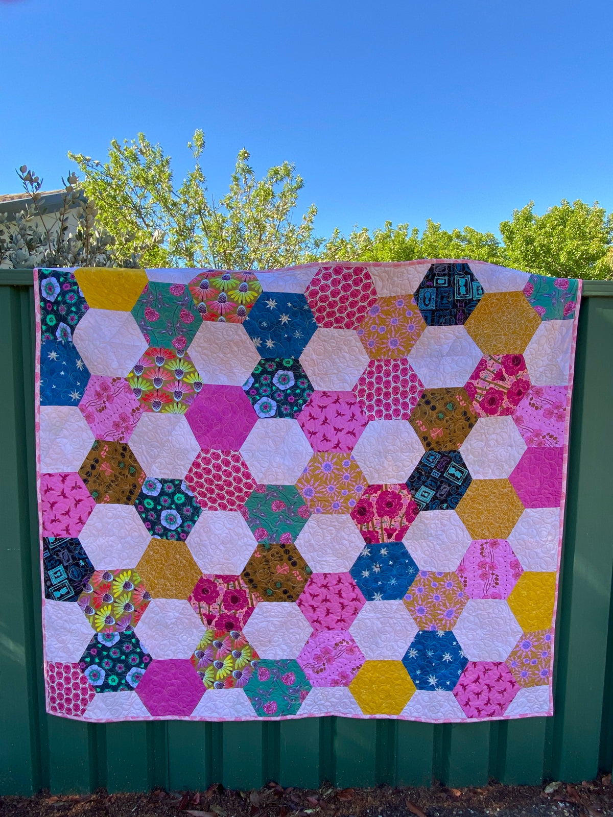 Hexagon Modern Quilt -  Pink Brights and friends