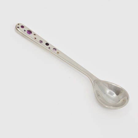 Sterling silver salt spoon with 12 lab sapphires