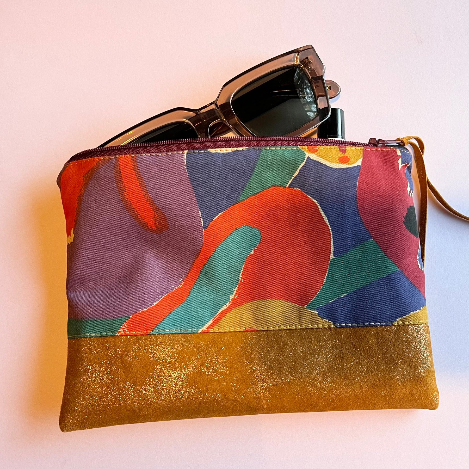 Colourful, repurposed vintage fabric ZIP POUCH fully lined, leather accents