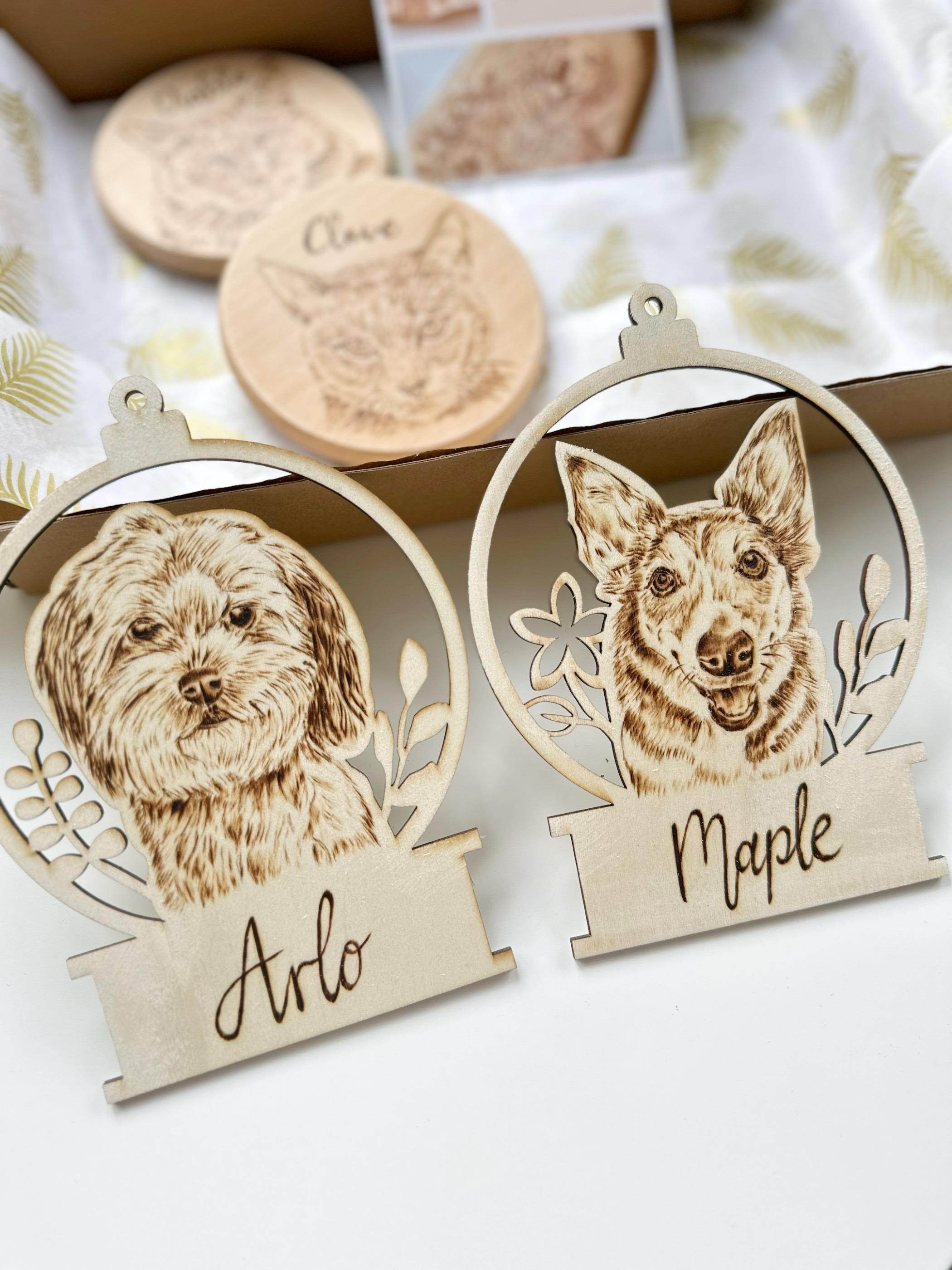 Custom Pet Portrait Christmas Ornament – Handmade Woodburned Decoration | Pet Memorial Gift | Personalized Dog & Cat Keepsake