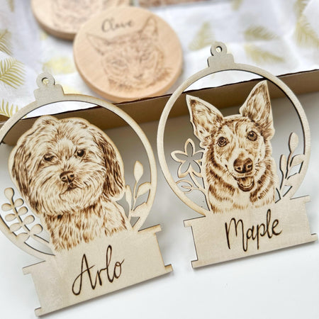 Custom Pet Portrait Christmas Ornament – Handmade Woodburned Decoration | Pet Memorial Gift | Personalized Dog & Cat Keepsake