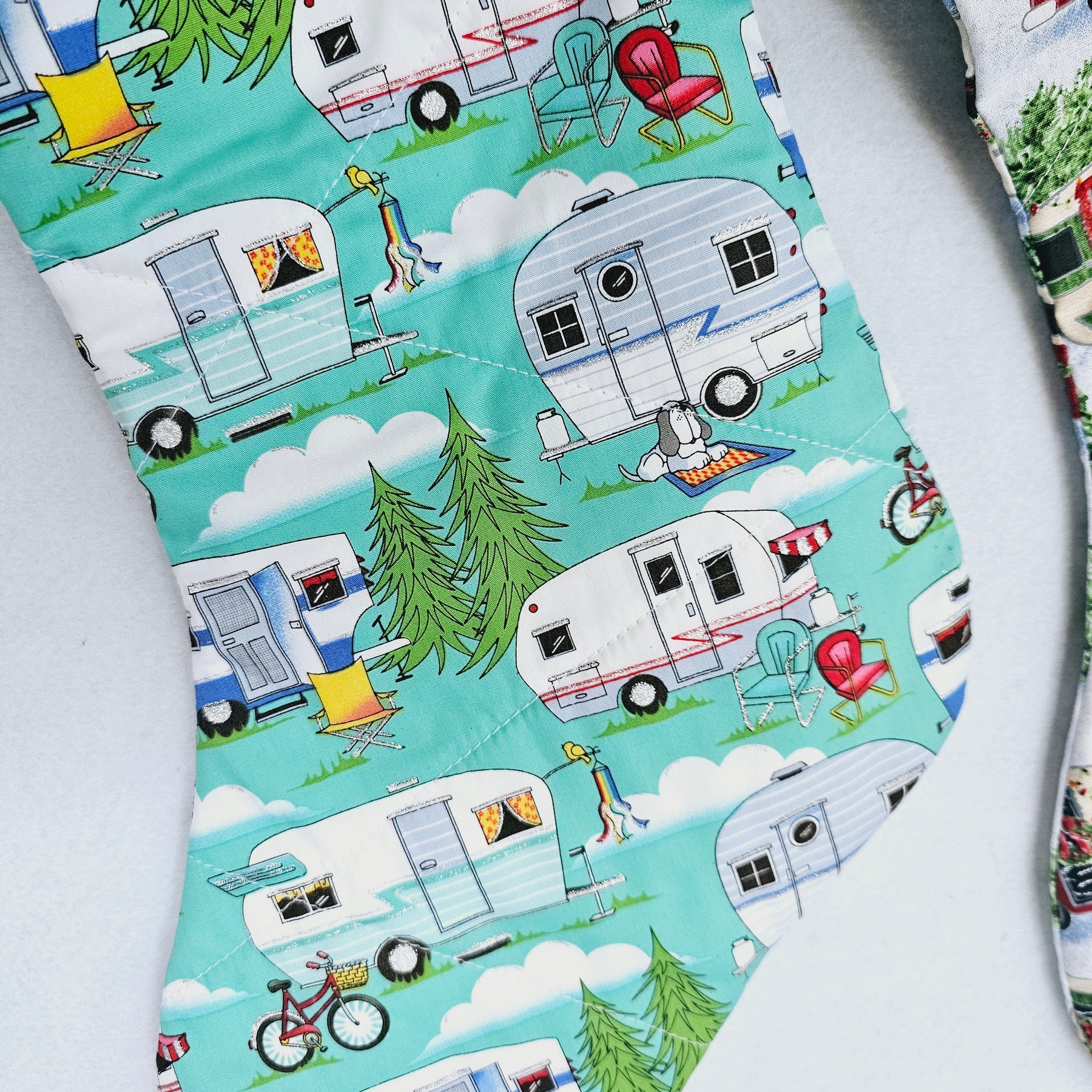 Personalized Quilted Christmas Stocking 60 cm long featuring Camper Vans, Camping and Outdoor Living