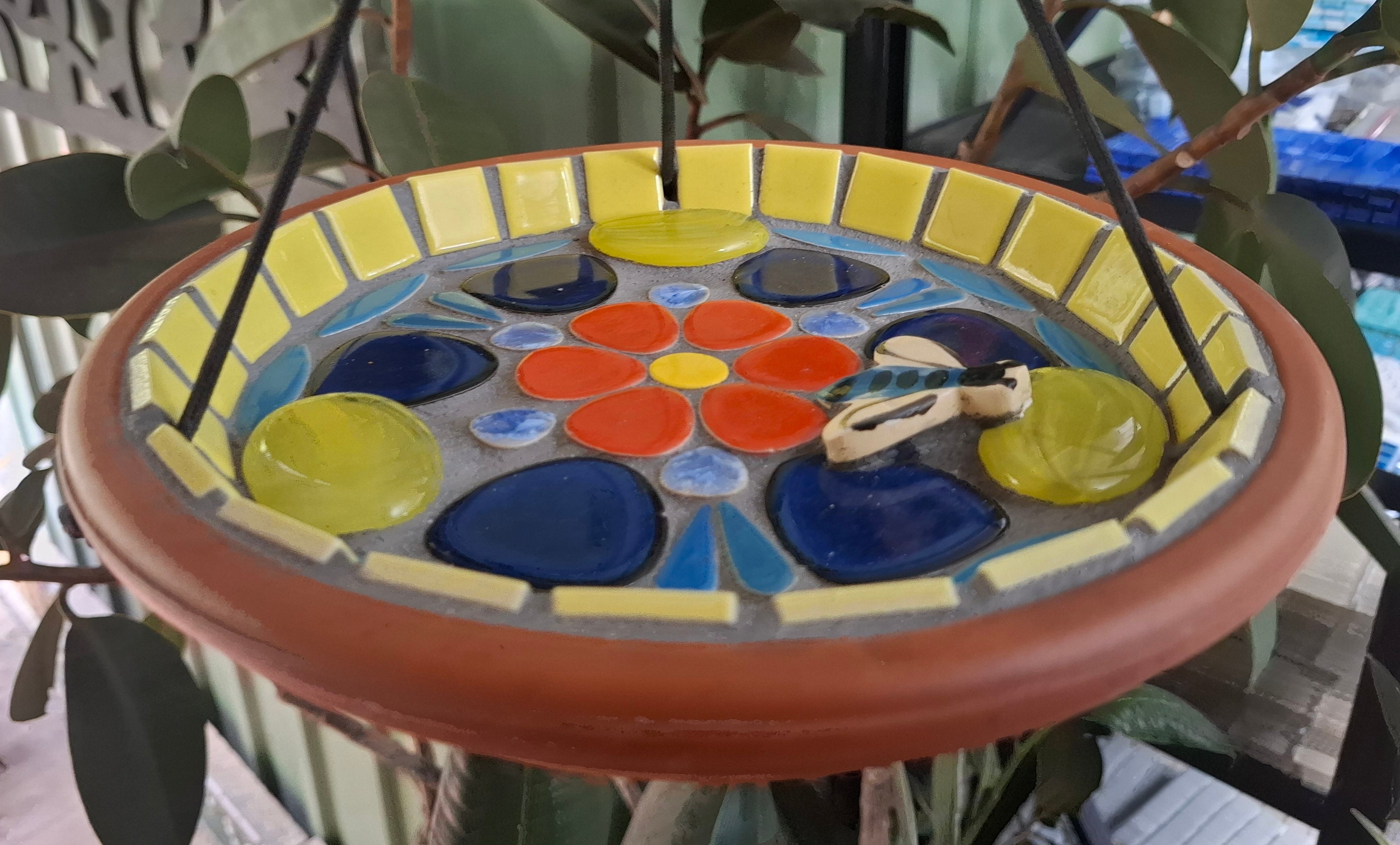 Hanging Mosaic Dish with a bright Red Flower and a Bee