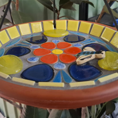 Hanging Mosaic Dish with a bright Red Flower and a Bee