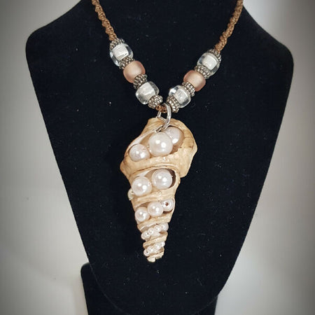 Unique Shell and Glass Pearl pendant on woven cord