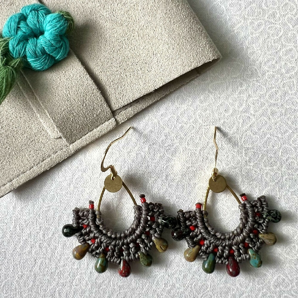 Teardrop Micro Macrame Earrings / Czech Glass + Free Microfibre Pouch