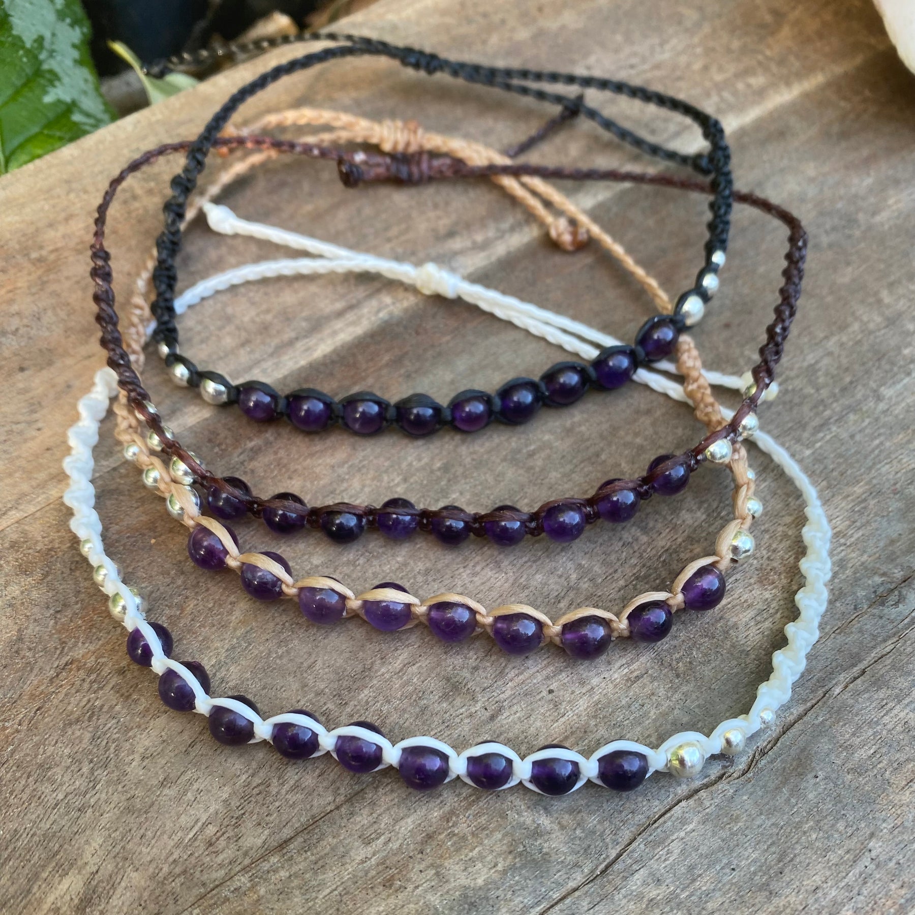 Amethyst Beaded Anklet: Macrame Adjustable Waterproof