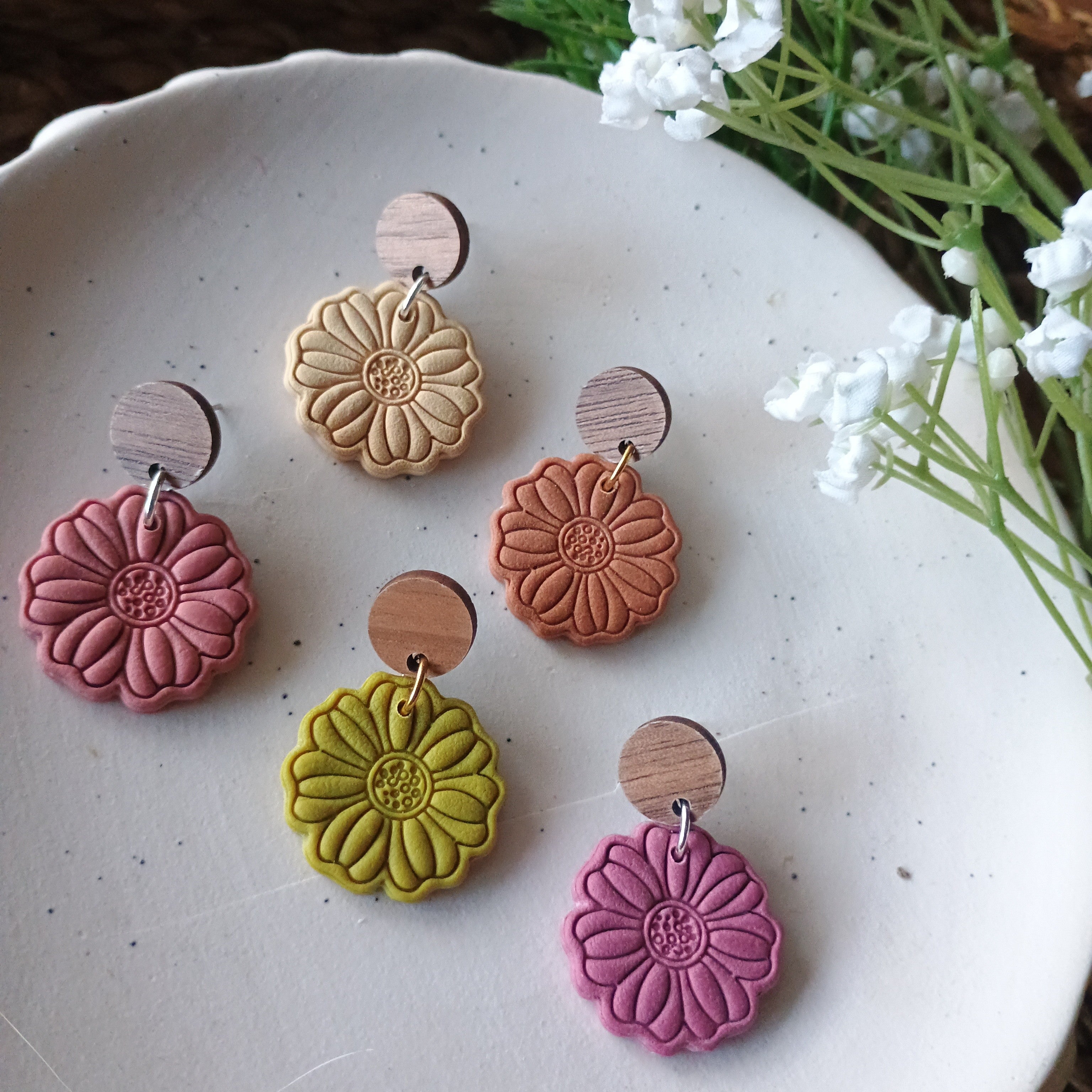 Earthy embossed flower earrings with natural wood stud