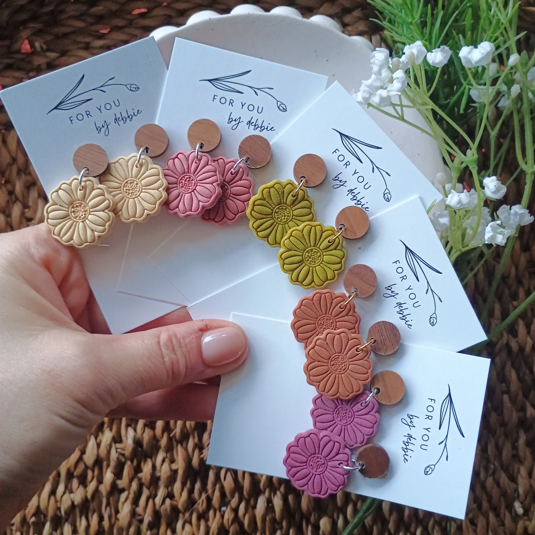 Earthy embossed flower earrings with natural wood stud