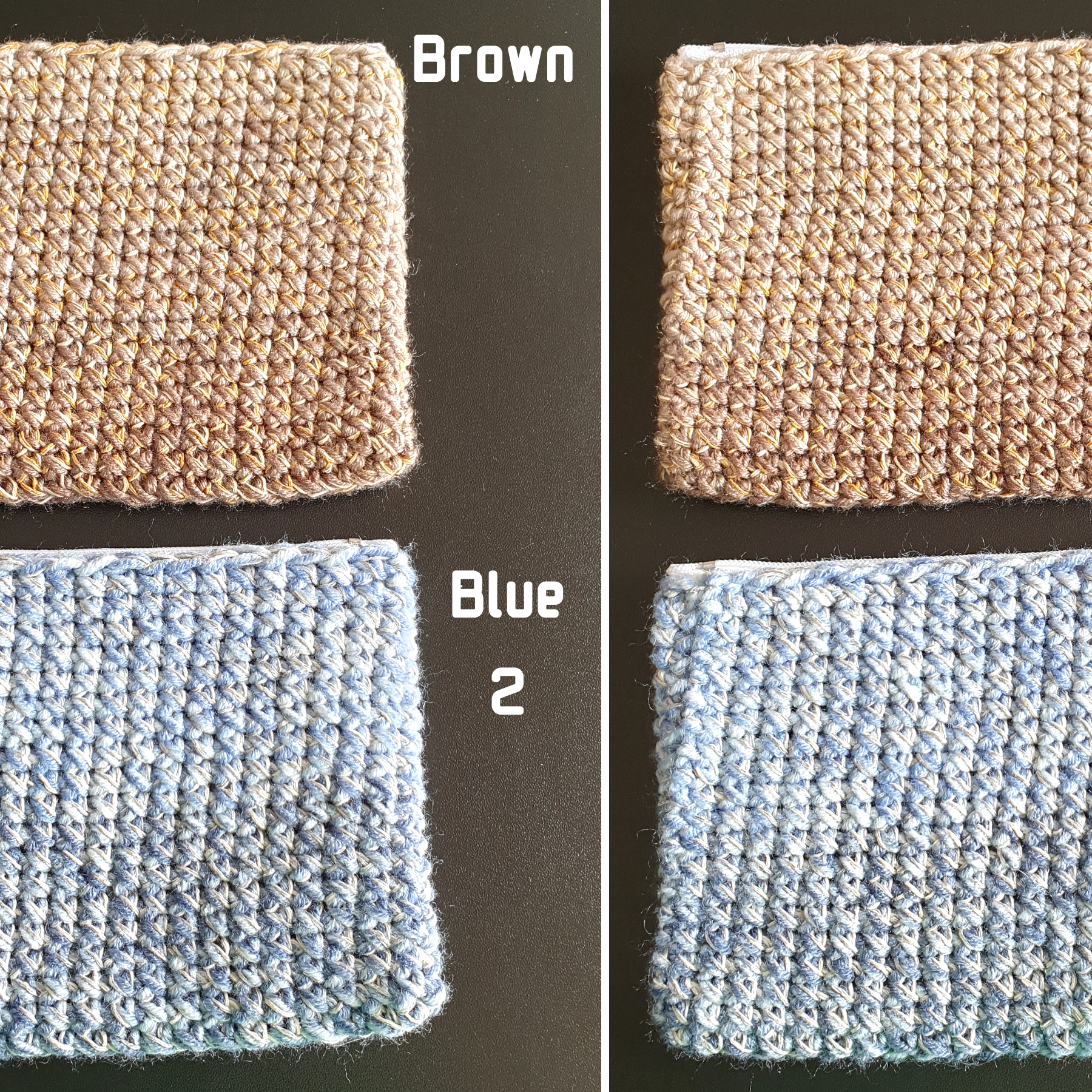 Handmade Zippered Crochet Travel Purse : Blue Gray Brown & Gold Silver mix