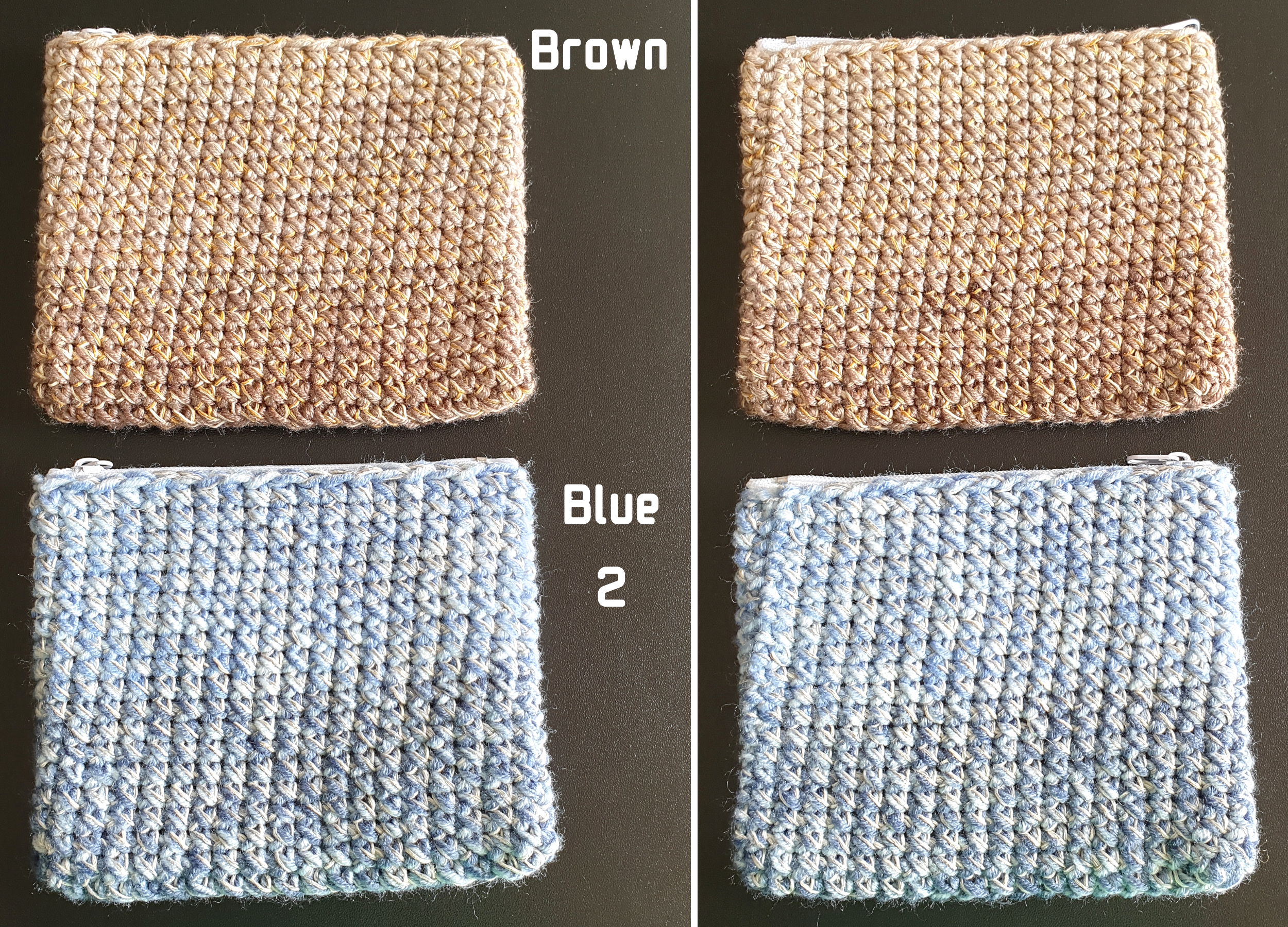Handmade Zippered Crochet Travel Purse : Blue Gray Brown & Gold Silver mix