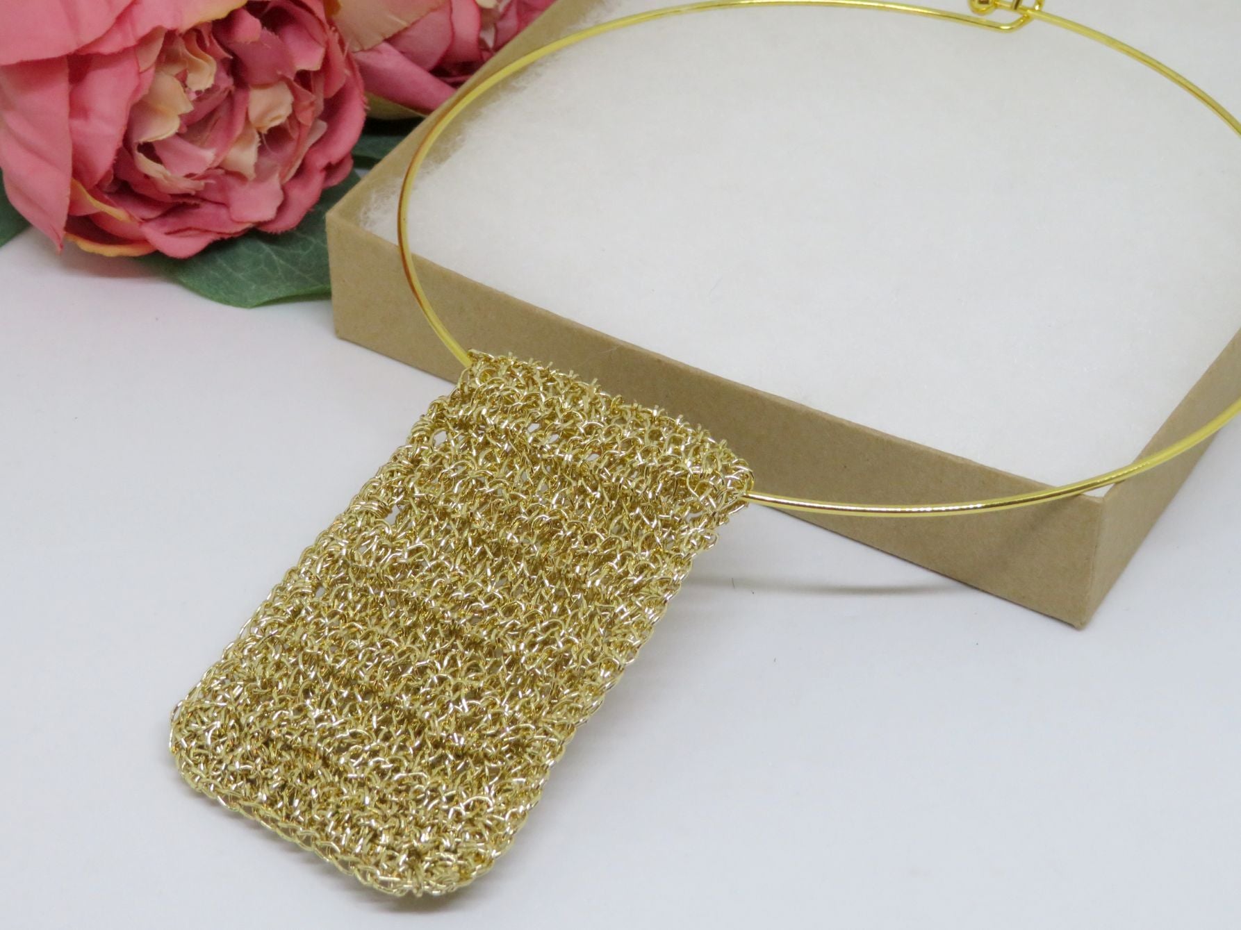 Bespoke Handmade Gold Shimmer Crochet Pendant Choker Necklace