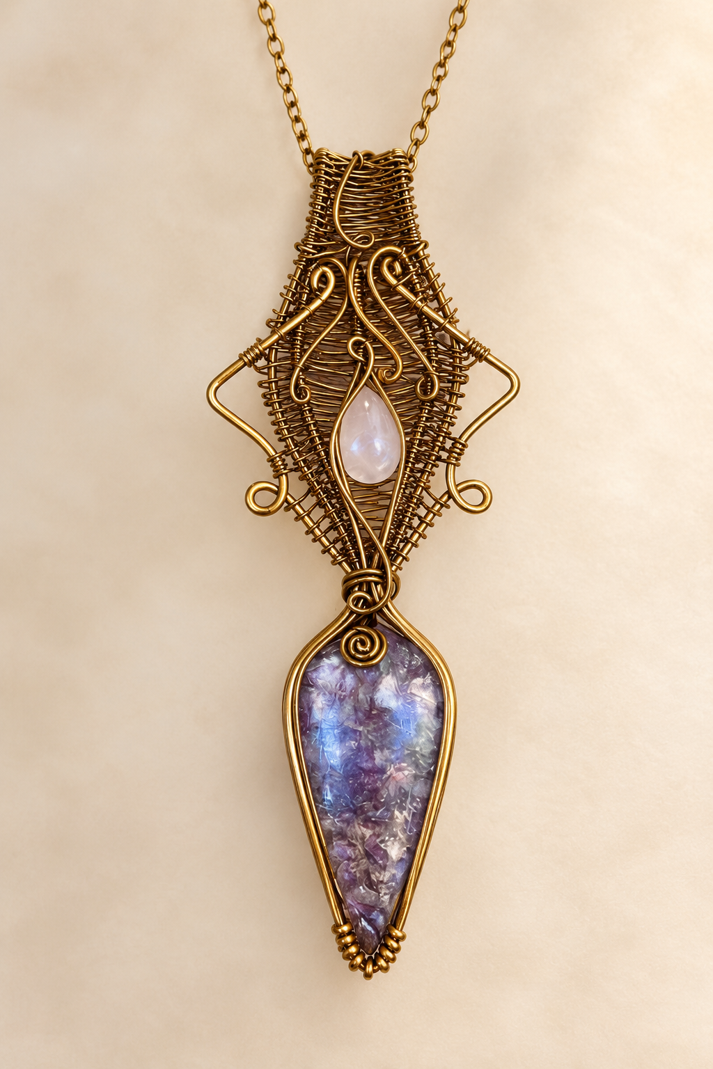 Rose Quartz Lepidolite Crystal pendant copper wire wrap