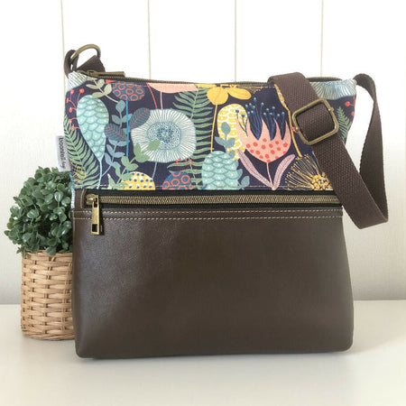 Zipper Bag in Dark Brown Leather and Retro Garden Fabric