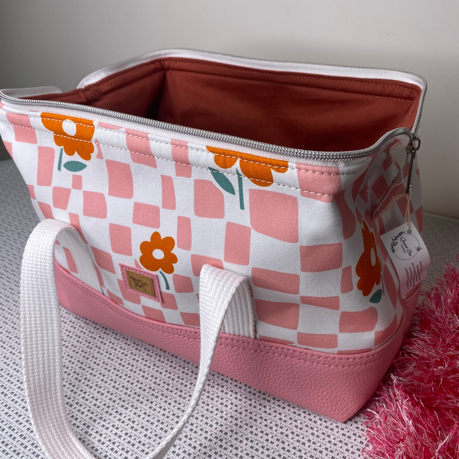 Project Bag - Pink & White Check with Orange Flowers and a Pink Faux Leather Base