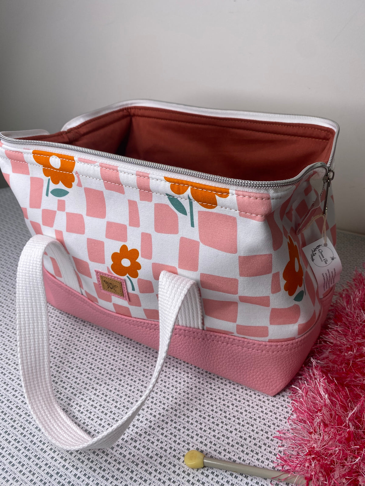 Project Bag - Pink & White Check with Orange Flowers and a Pink Faux Leather Base