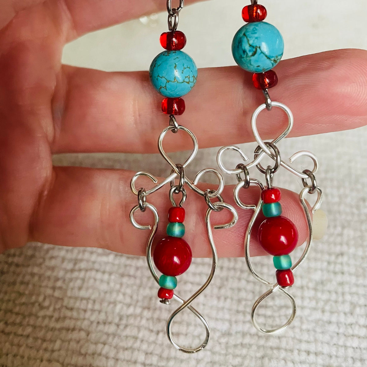 Vibrant Red and Blue Gemstone Dangling Wired Earrings
