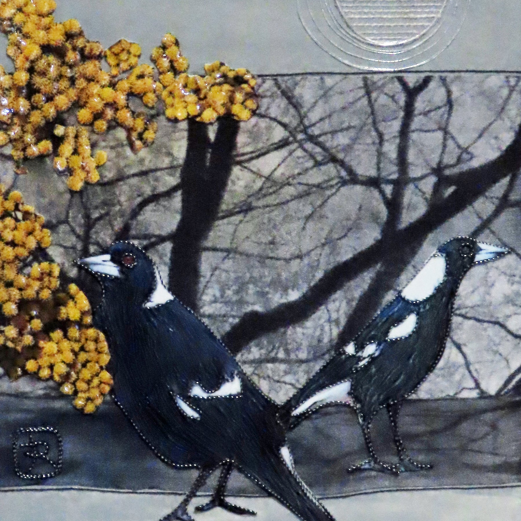 Unframed Collage Art - Magpies & Yellow Flowers