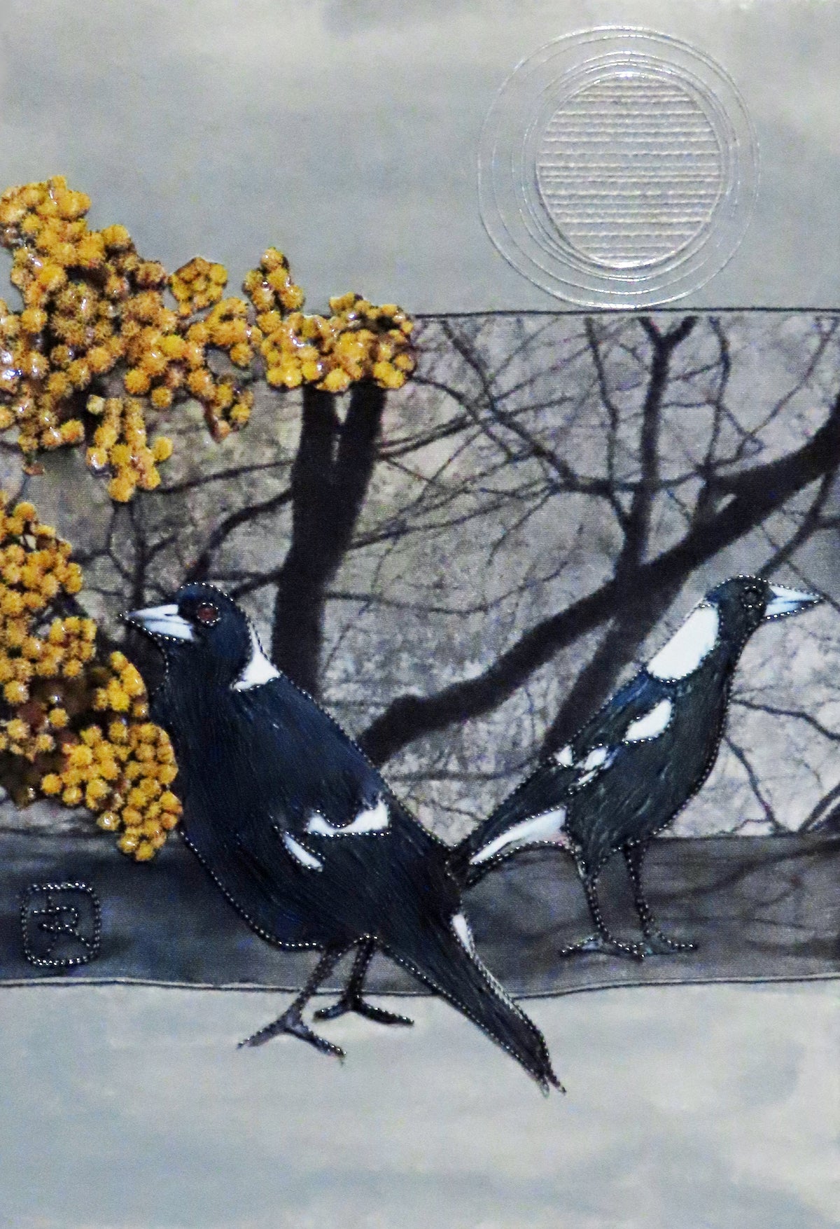 Unframed Collage Art - Magpies & Yellow Flowers