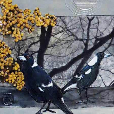 Unframed Collage Art - Magpies & Yellow Flowers