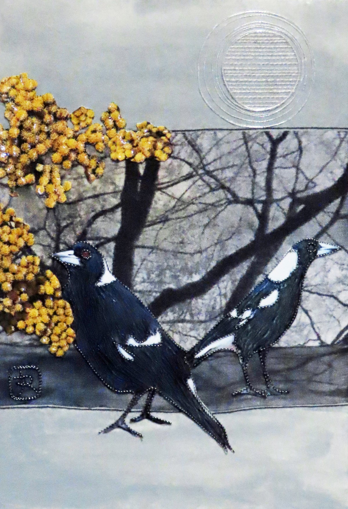 Unframed Collage Art - Magpies & Yellow Flowers