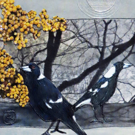 Unframed Collage Art - Magpies & Yellow Flowers