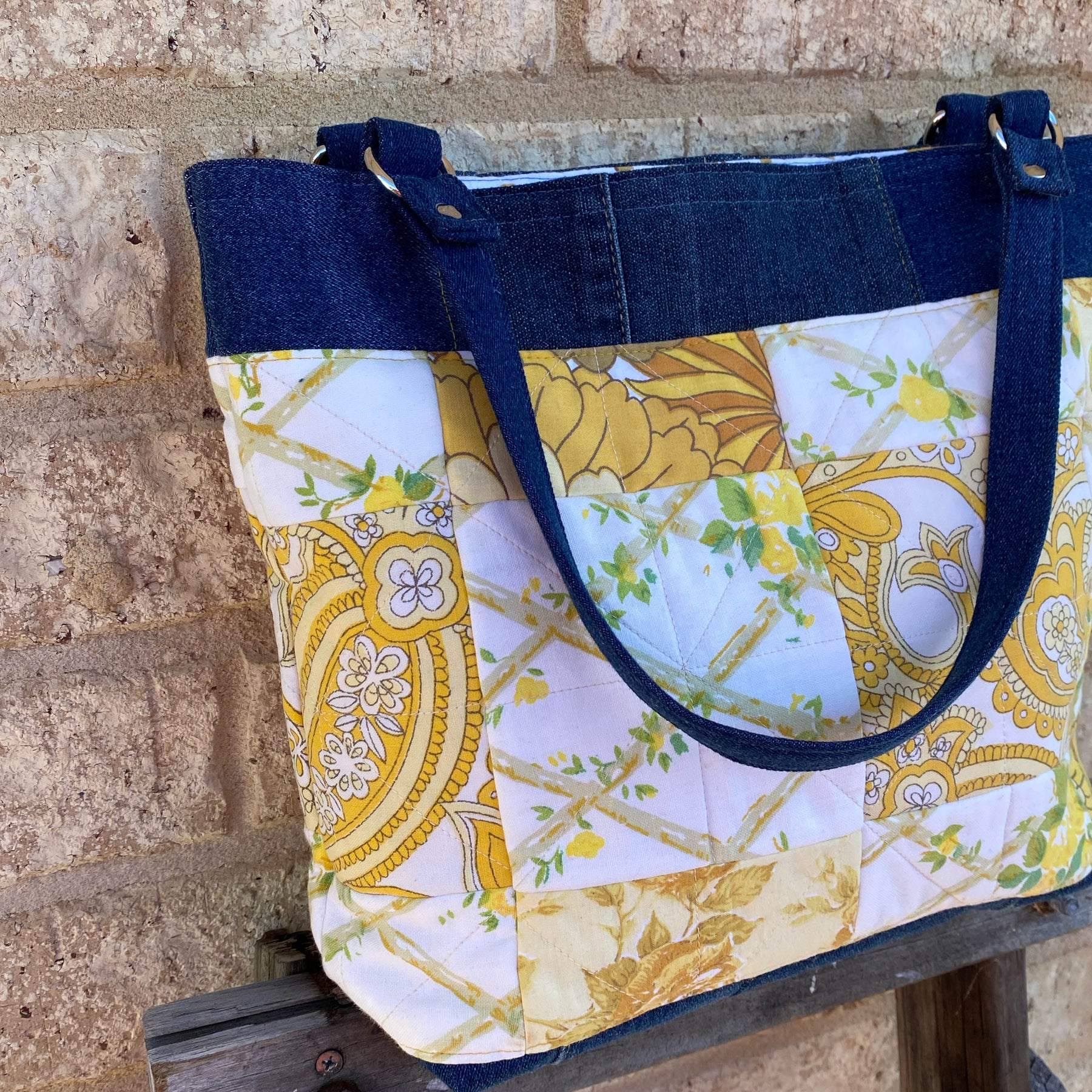 Quilted Sunshine Handmade Tote Bag Upcycled Vintage Fabrics & Denim