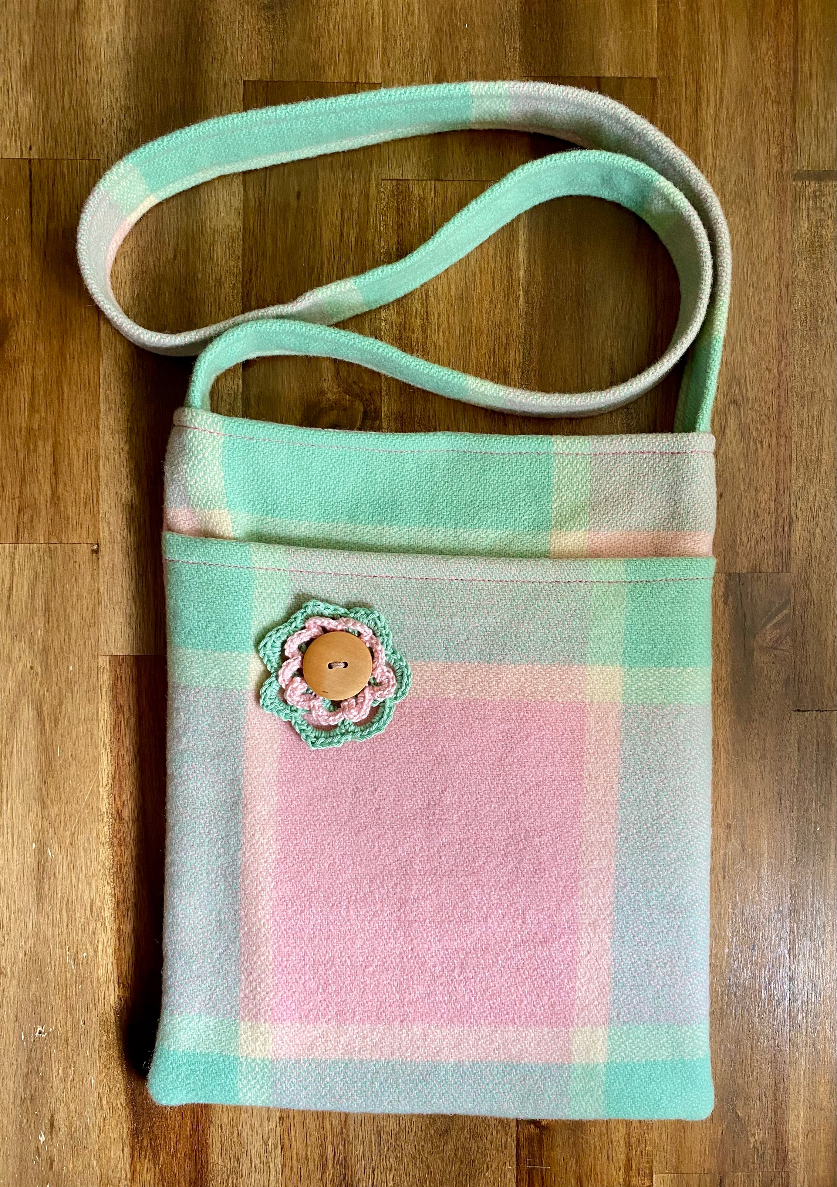 Upcycled Woollen Blanket - Cross Body Bag - Pink/Green