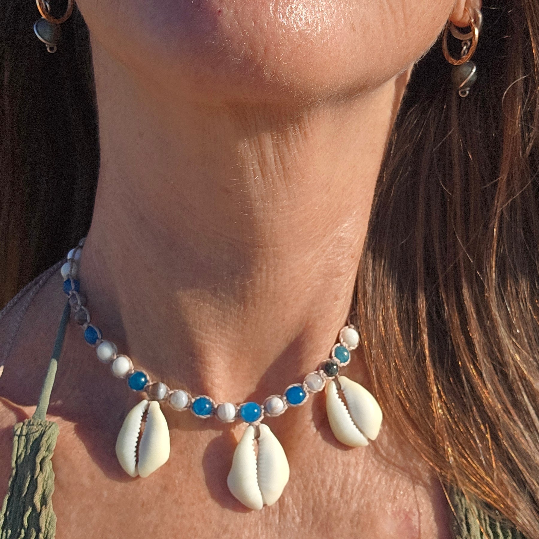 Cowrie Shell Macrame Necklace with Blue Apatite