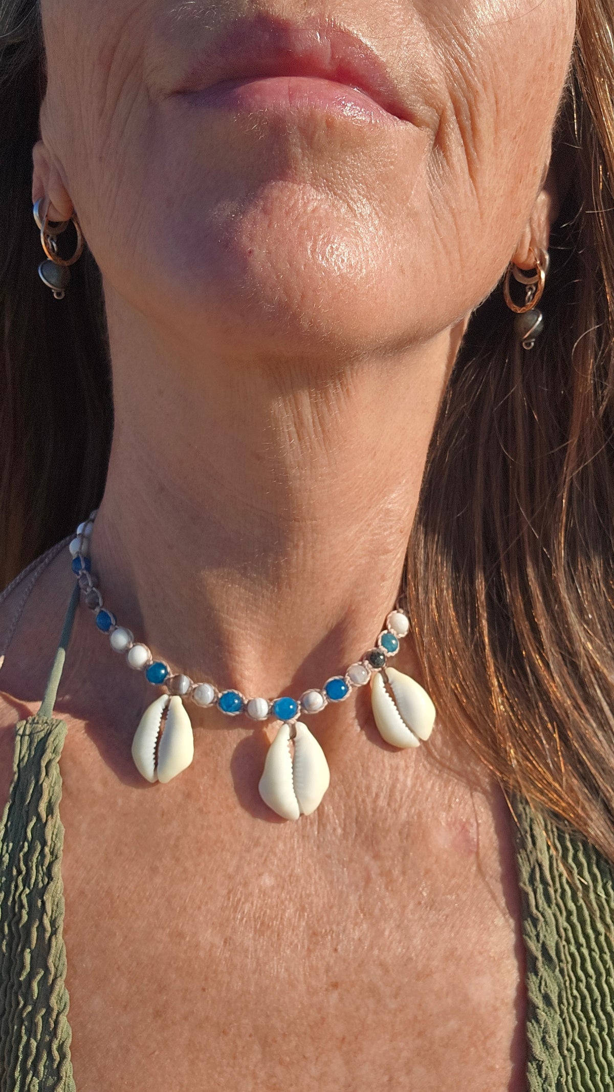 Cowrie Shell Macrame Necklace with Blue Apatite