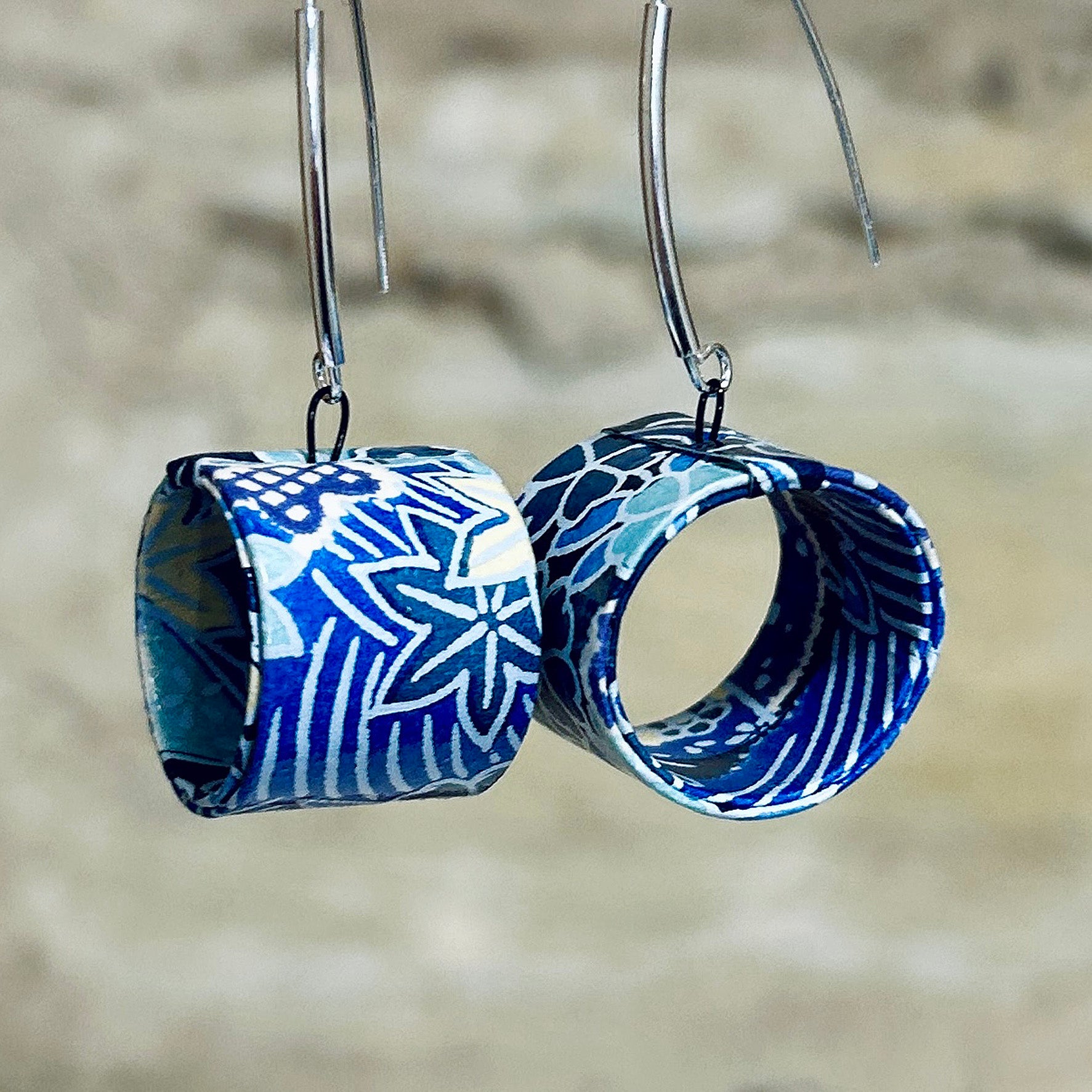 Earrings Bright Blue & White Japanese Floral Paper - EC-472