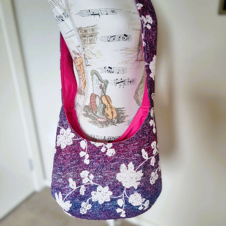 Upcycled slouchy hobo bag - purple pink with white floral print