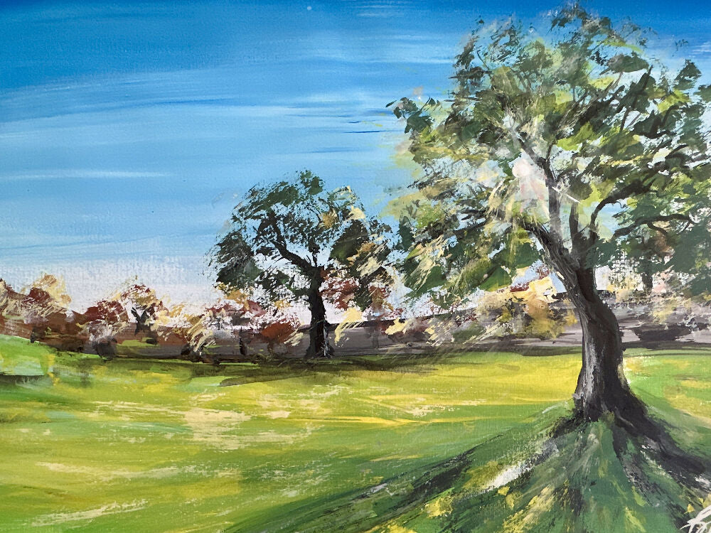 Sunlit valley, acrylic on canvas paper, signed, 42x30cm
