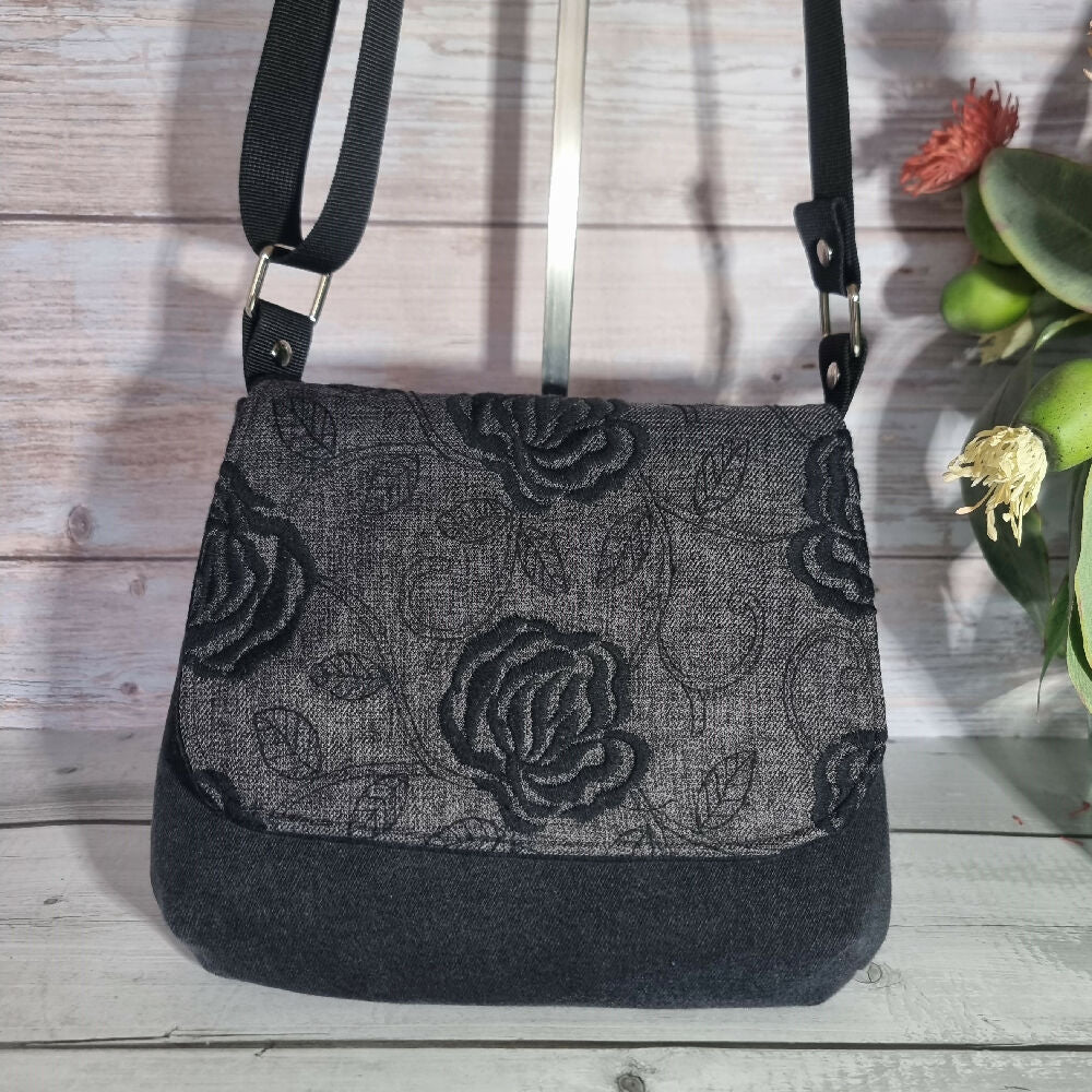 Upcycled mini messenger bag - black roses