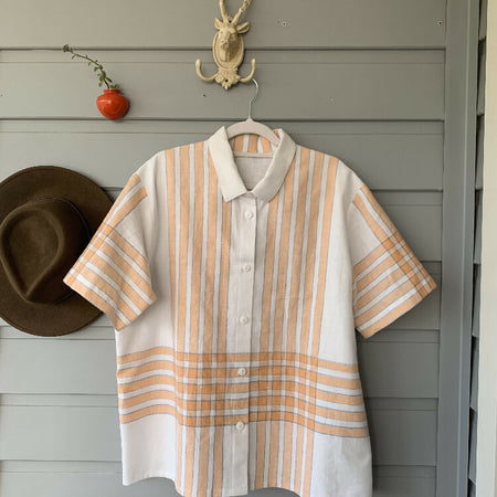 White cotton tablecloth shirt/ white with orange check shirt/ upcycled tablecloth/ woman’s shirt/ size Large