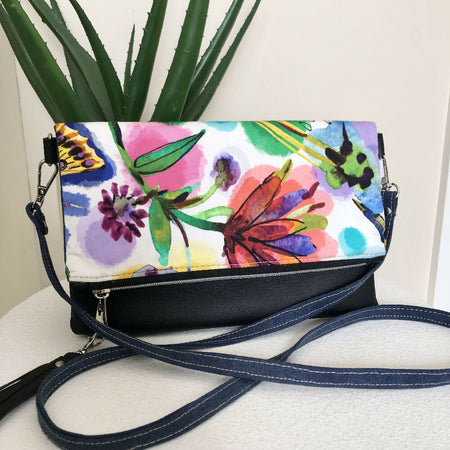 Fold Over Crossbody Clutch Bag in Flower Print Fabric, Blue Canvas and Leather
