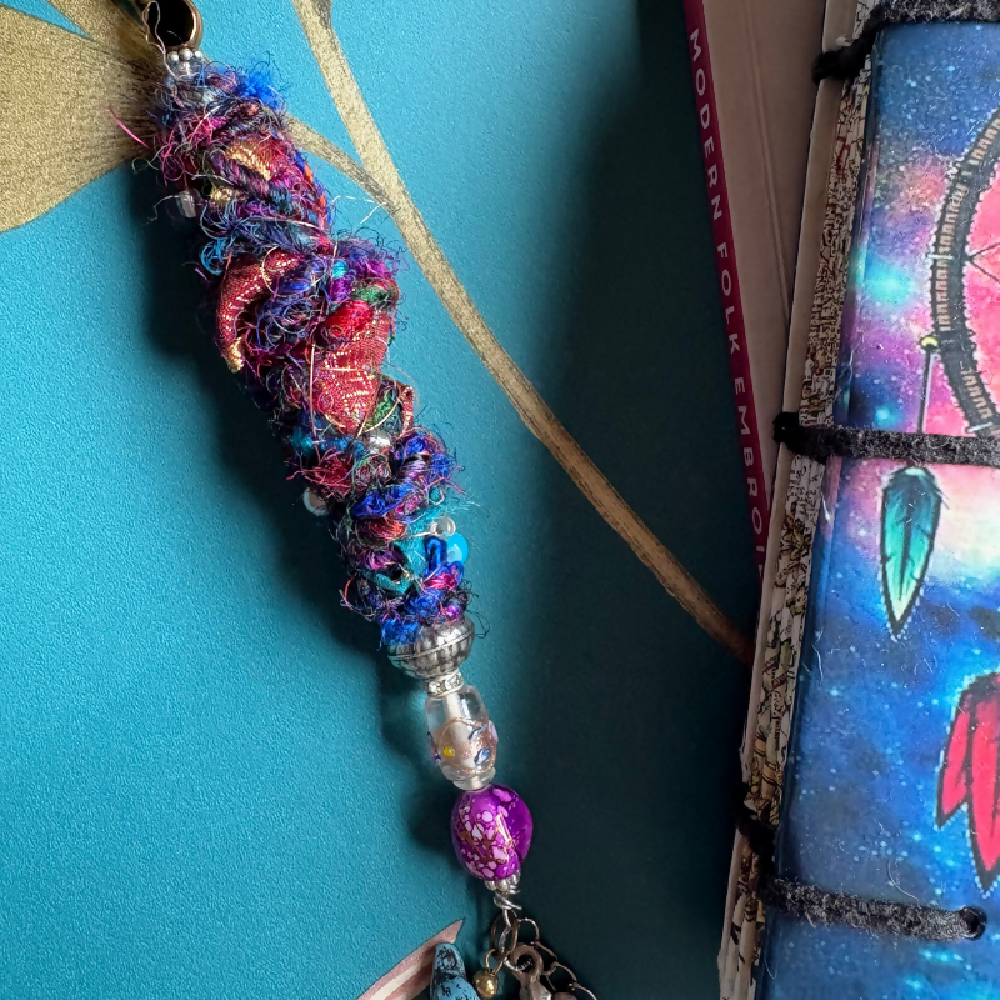 Boho beads with sari silk, handspun wool and charms by Leumesin Handmade