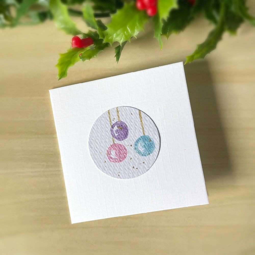 Australian-artist-handmade-original-art-watercolour-Christmas-card-7.5cm-coloured-baubles