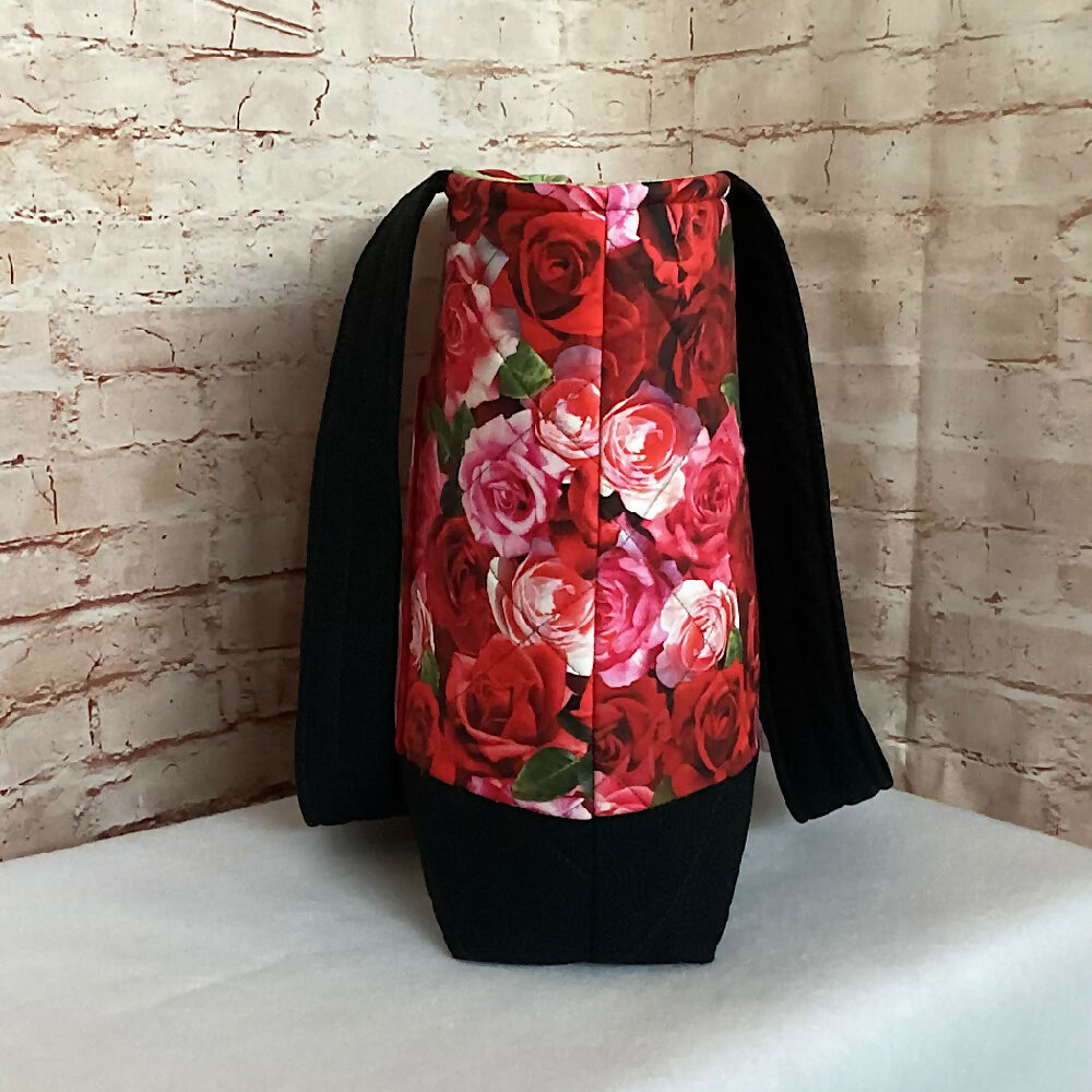 Red Rose Floral handbag, tote, shoulder bag for shopping, travel or craft.