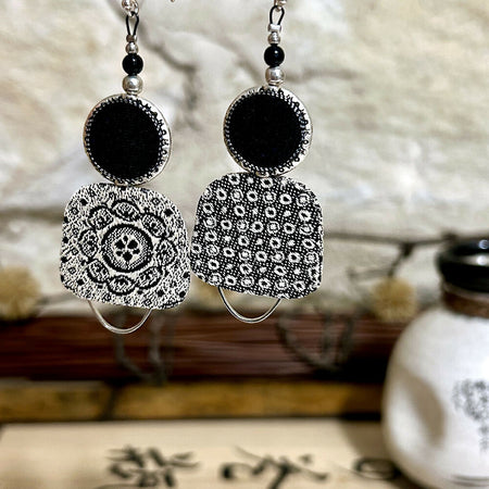 Black Beige & Silver Textile Earrings - 2.5cm x 7.5cm