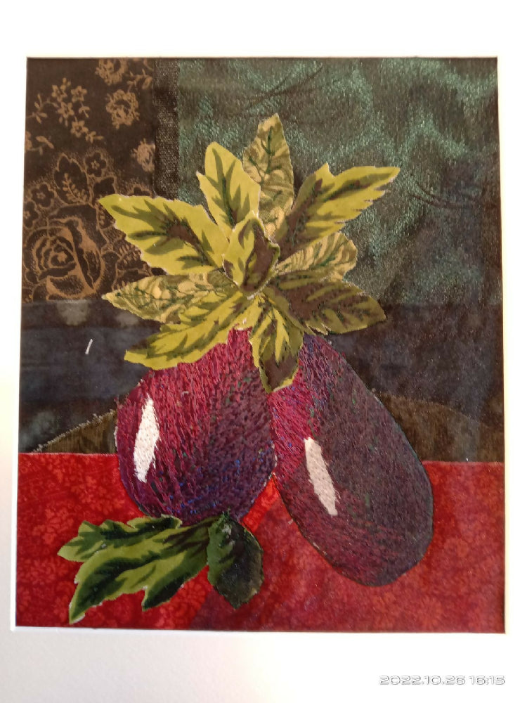 Hand Crafted Textile Art. Thread Painting of Still Life - Aubergine