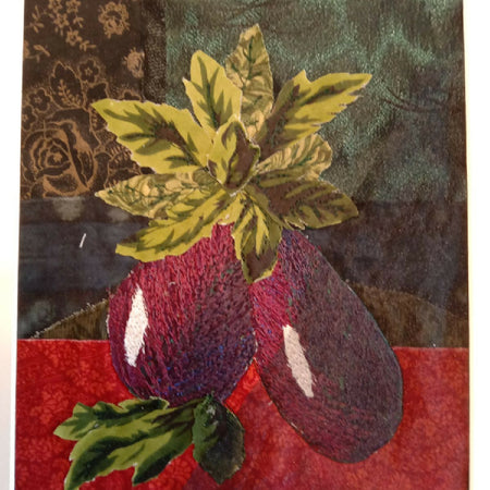 Hand Crafted Textile Art. Thread Painting of Still Life - Aubergine