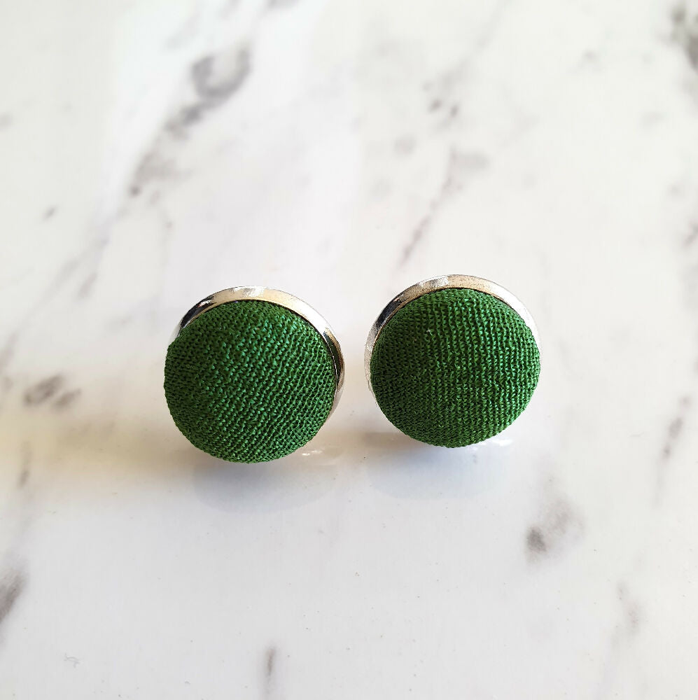 1.4cm Round Green Kimono Fabric Cabochon stud earrings