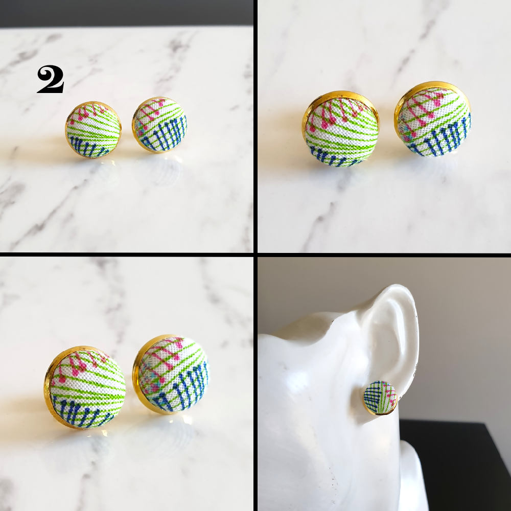 1.4cm Round Colourful Line cotton fabric Gold colour Cabochon stud earrings