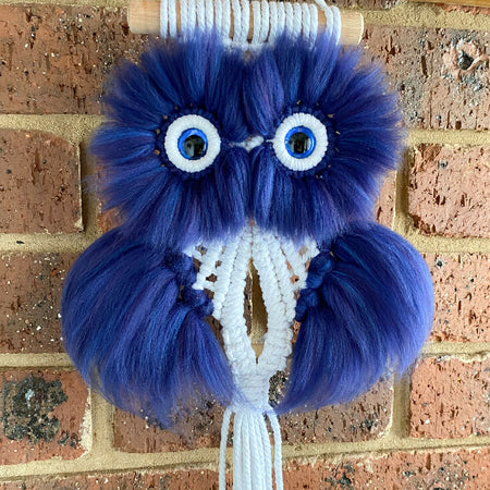 Macrame Small Fluffy Owl Cosmic Blue