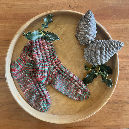 Christmas socks made with hand dyed yarn