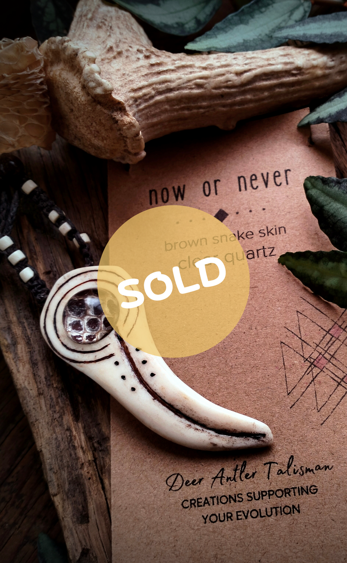 •| CLEAR QUARTZ | BROWN SNAKESKIN | DEER ANTLER |•  talisman necklace